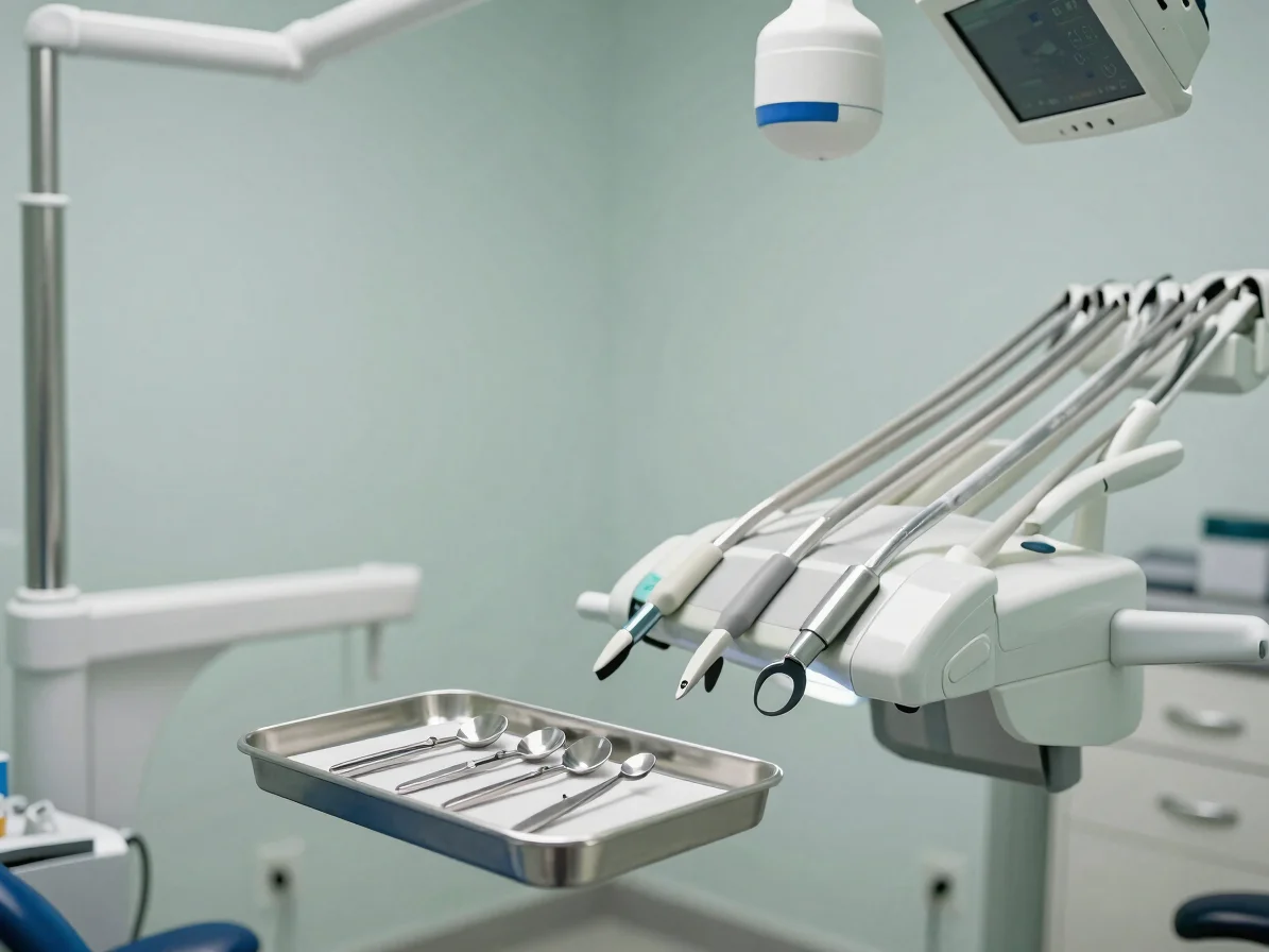 Soft daylight over a calm dental treatment room, orderly instruments on a clean tray, candid eye-level framing