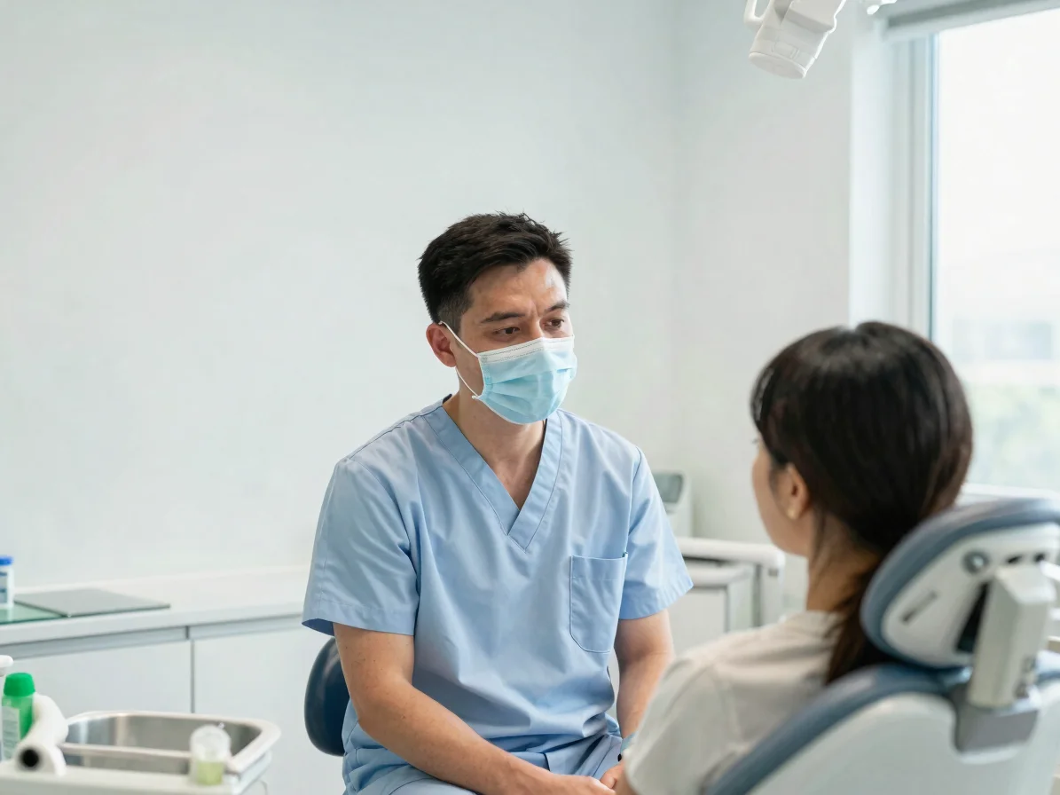 Clinician and patient in a bright, quiet dental room, gentle ambient light, natural and unposed