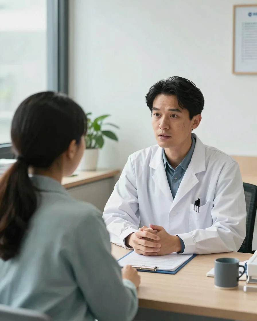 Natural eye-level view of a clinician and patient in conversation at a calm consultation desk, soft daylight, candid and