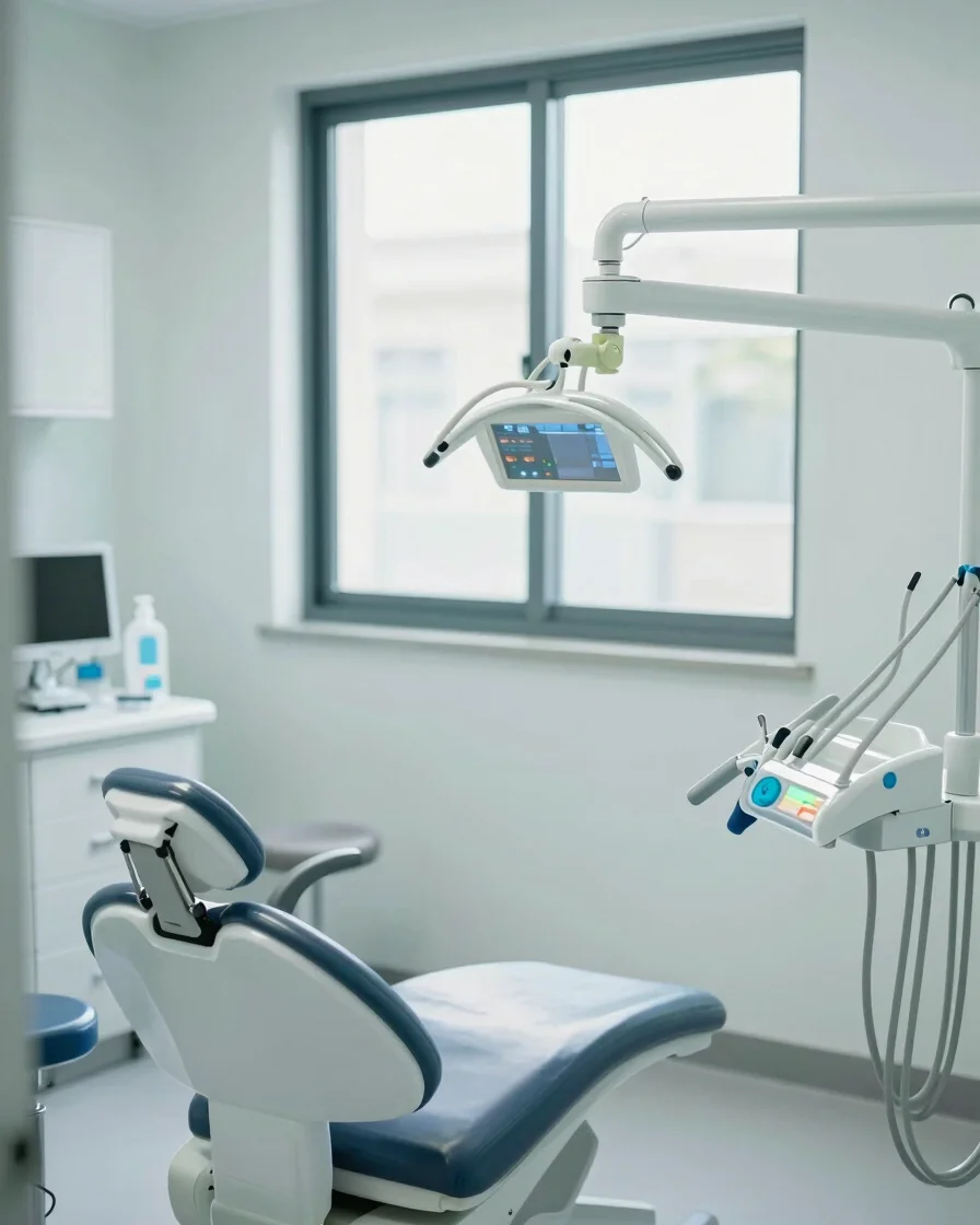 Natural editorial photograph of a bright, orderly dental treatment room with soft daylight from a window, calm whites an